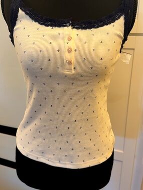 SO Cream Ribbed Tank with Navy Lace Trim